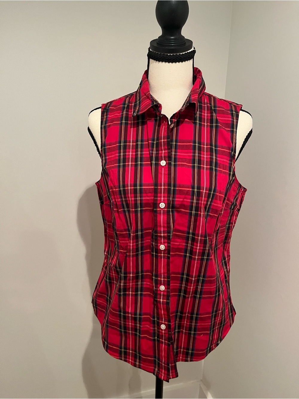 J. Crew Red Plaid Sleeveless poplin Button-Down Shirt
